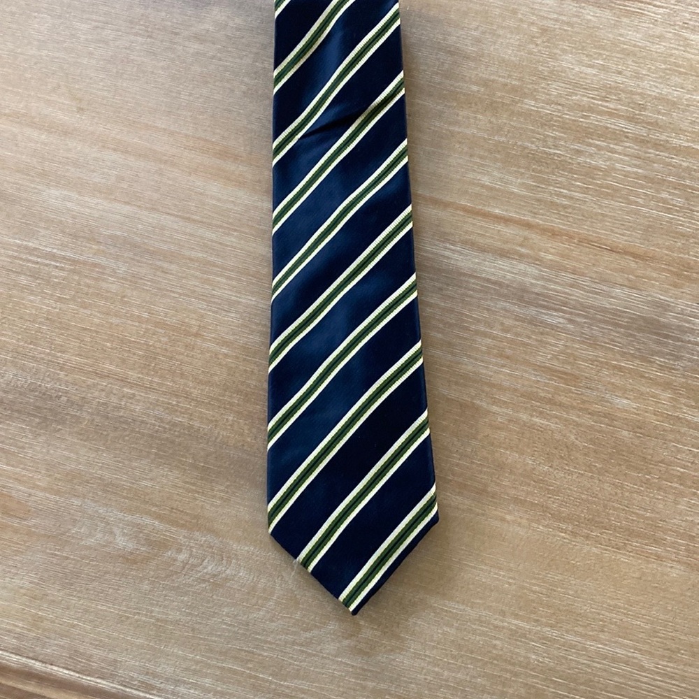 Canali Tie, 57” 3.5 in lightly worn, no smoke, Blue w Green & Yellow Stripe,